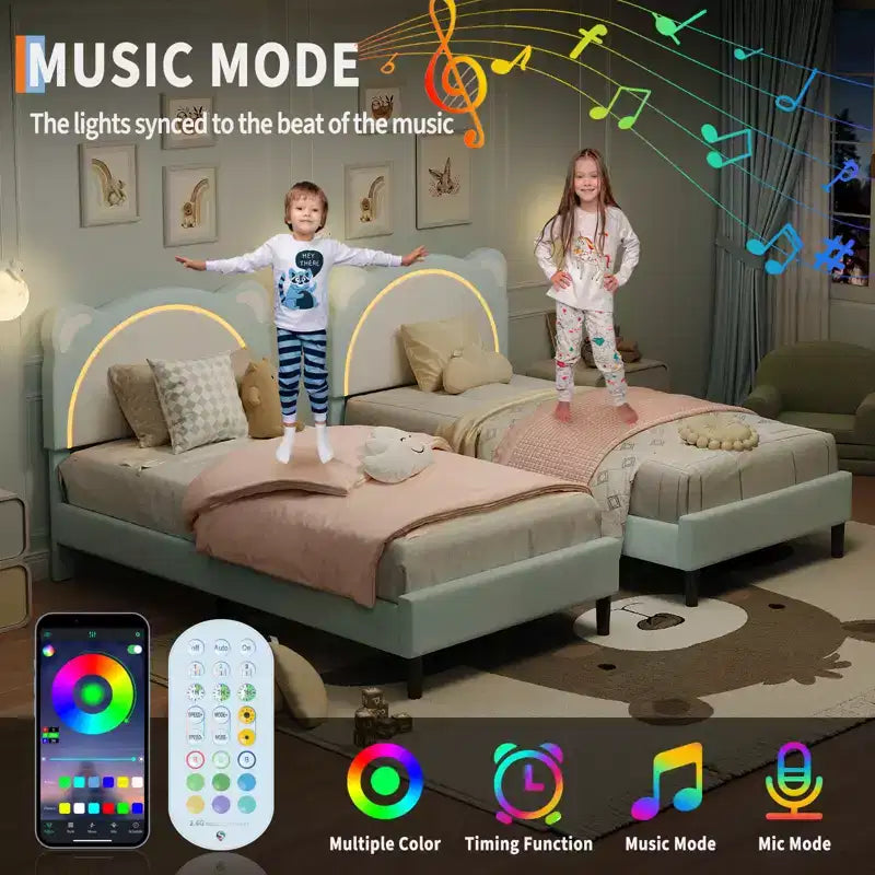Single bed frame, padded platform bed frame with adjustable headboard and smart LED, wooden slat support, no spring mattress required.