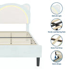Single bed frame, padded platform bed frame with adjustable headboard and smart LED, wooden slat support, no spring mattress required.