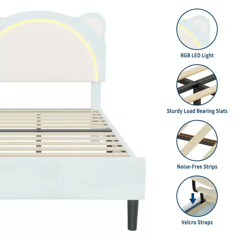 Single bed frame, padded platform bed frame with adjustable headboard and smart LED, wooden slat support, no spring mattress required.