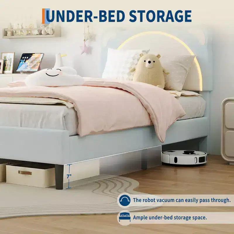 Single bed frame, padded platform bed frame with adjustable headboard and smart LED, wooden slat support, no spring mattress required.