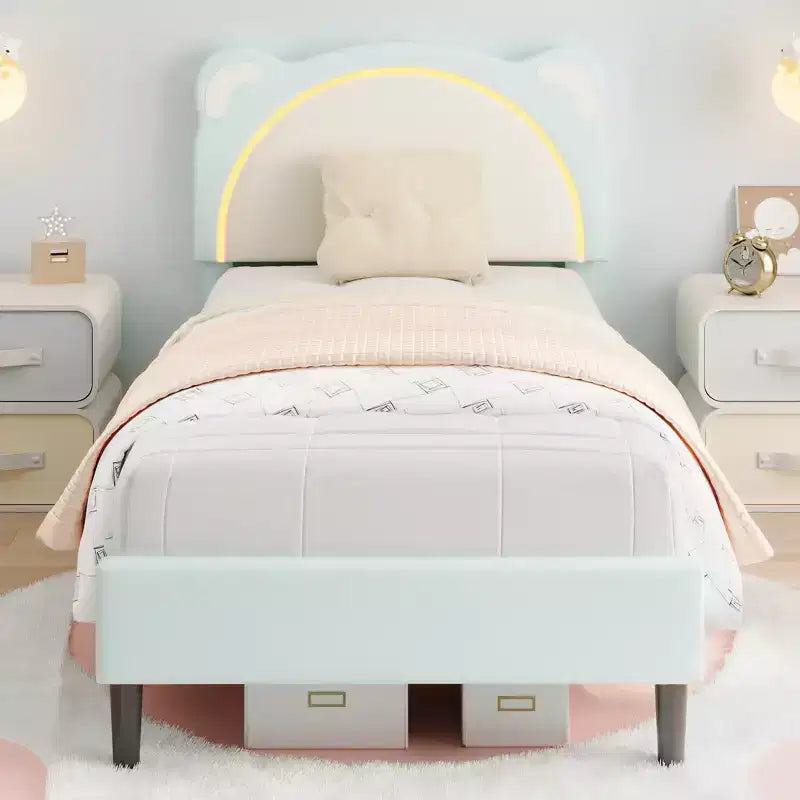 Single bed frame, padded platform bed frame with adjustable headboard and smart LED, wooden slat support, no spring mattress required.