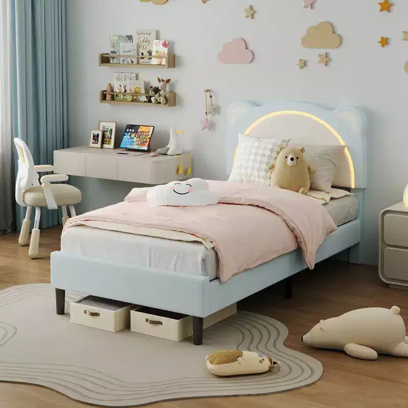Single bed frame, padded platform bed frame with adjustable headboard and smart LED, wooden slat support, no spring mattress required.