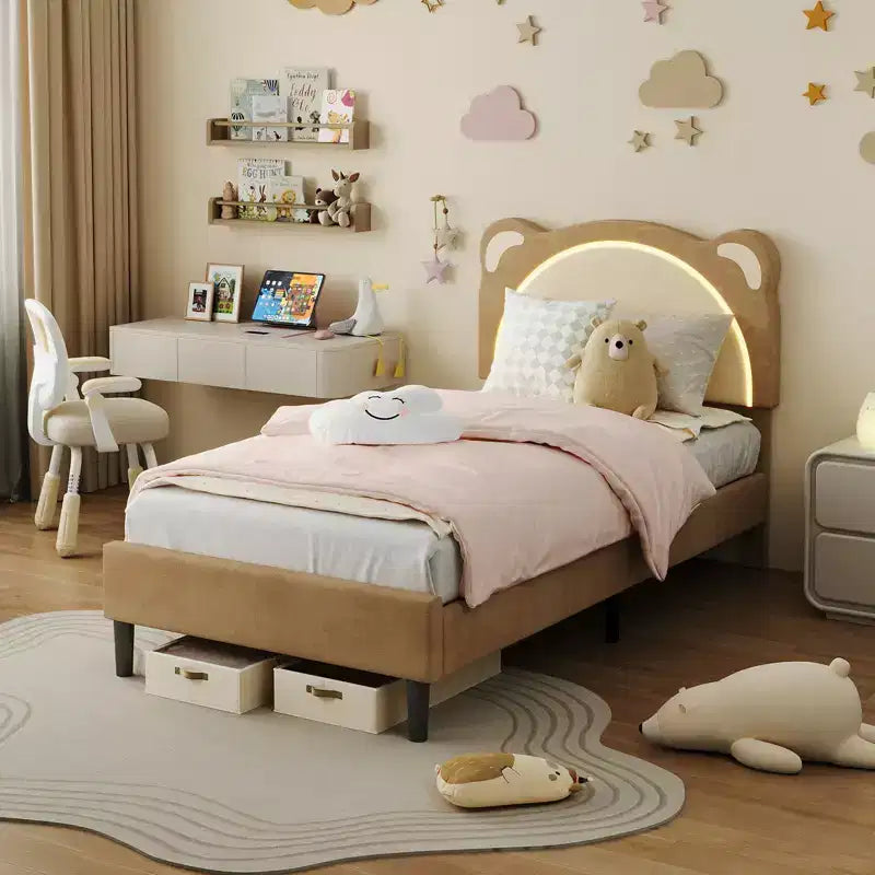 Single bed frame, padded platform bed frame with adjustable headboard and smart LED, wooden slat support, no spring mattress required.