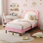 Single bed frame, padded platform bed frame with adjustable headboard and smart LED, wooden slat support, no spring mattress required.