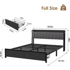Bed frame with storage headboard, full-size platform bed with 2 large drawers and charging station, industrial style, no spring mattress required.