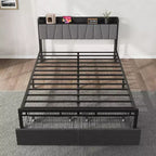 Bed frame with storage headboard, full-size platform bed with 2 large drawers and charging station, industrial style, no spring mattress required.