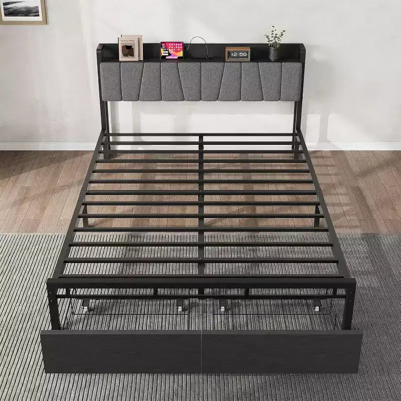 Bed frame with storage headboard, full-size platform bed with 2 large drawers and charging station, industrial style, no spring mattress required.