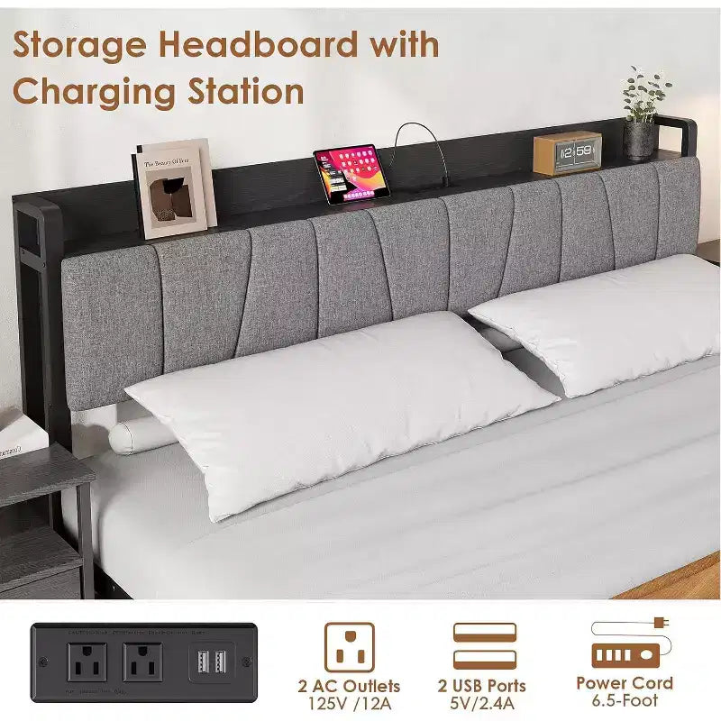 Bed frame with storage headboard, full-size platform bed with 2 large drawers and charging station, industrial style, no spring mattress required.