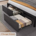 Bed frame with storage headboard, full-size platform bed with 2 large drawers and charging station, industrial style, no spring mattress required.