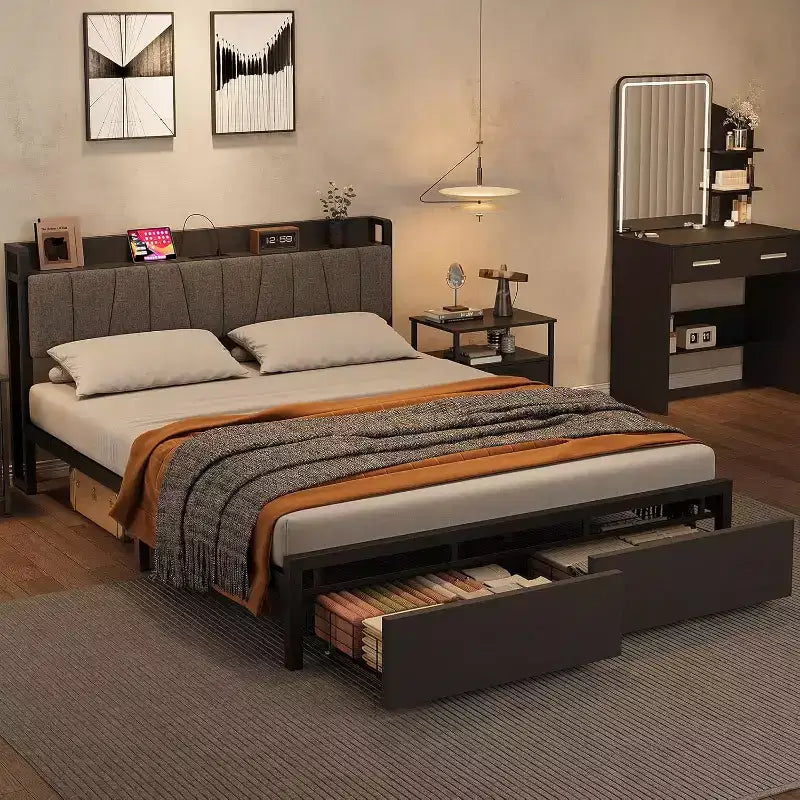 Bed frame with storage headboard, full-size platform bed with 2 large drawers and charging station, industrial style, no spring mattress required.