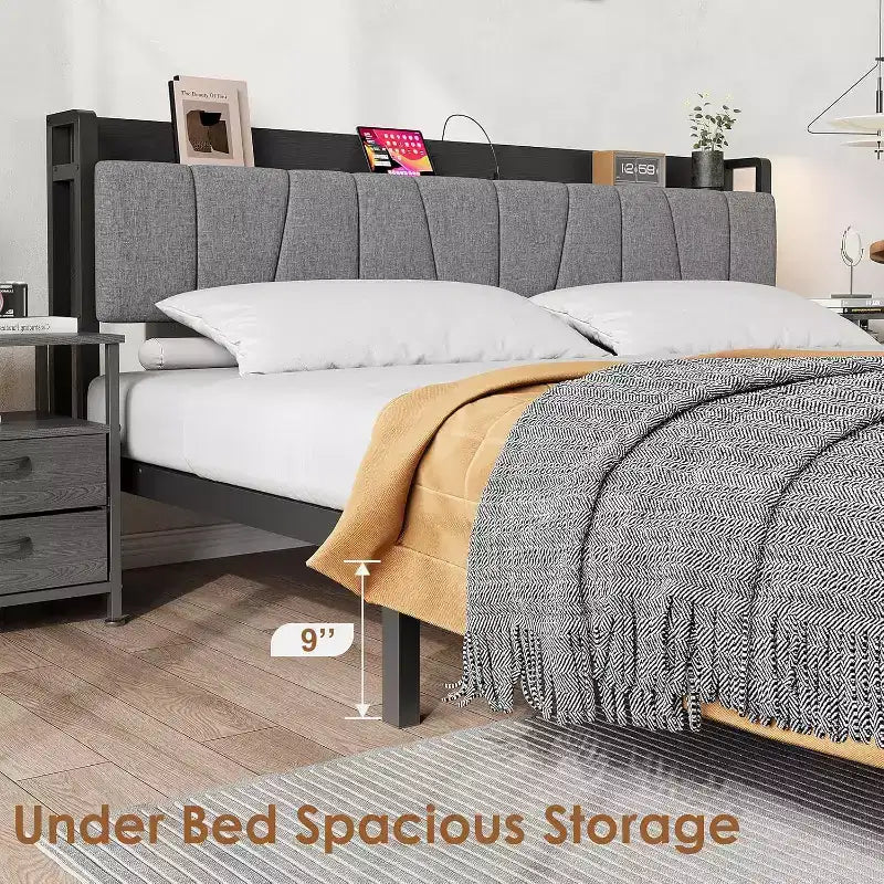 Bed frame with storage headboard, full-size platform bed with 2 large drawers and charging station, industrial style, no spring mattress required.