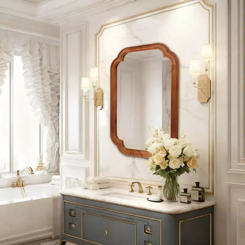 20 x 30 inch Natural Wood Color Solid Wood Frame Rounded Corner Wall Decorative Mirror for Bedroom Entryway and Living Room