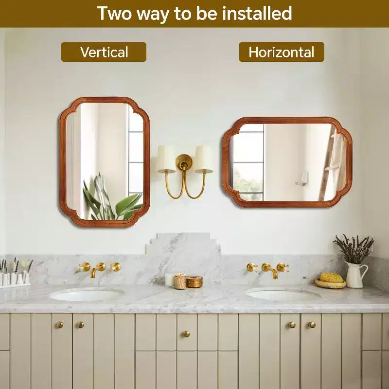 20 x 30 inch Natural Wood Color Solid Wood Frame Rounded Corner Wall Decorative Mirror for Bedroom Entryway and Living Room