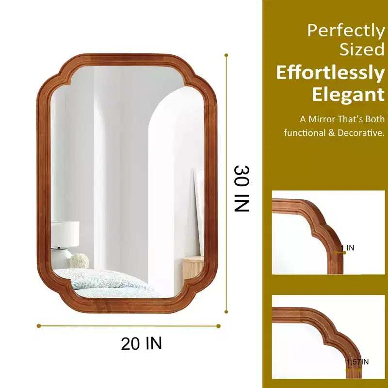 20 x 30 inch Natural Wood Color Solid Wood Frame Rounded Corner Wall Decorative Mirror for Bedroom Entryway and Living Room
