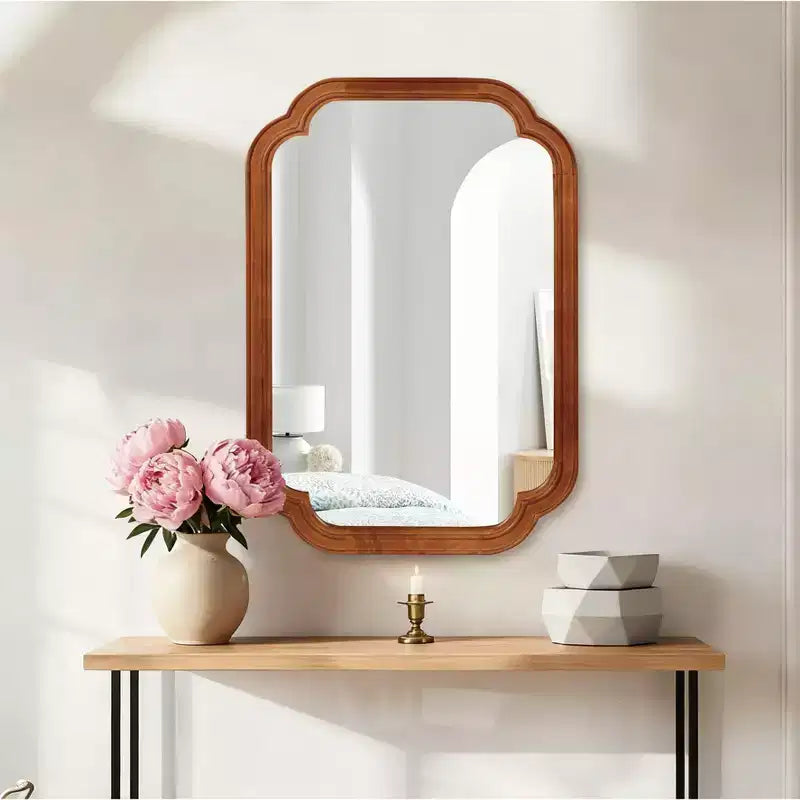 20 x 30 inch Natural Wood Color Solid Wood Frame Rounded Corner Wall Decorative Mirror for Bedroom Entryway and Living Room