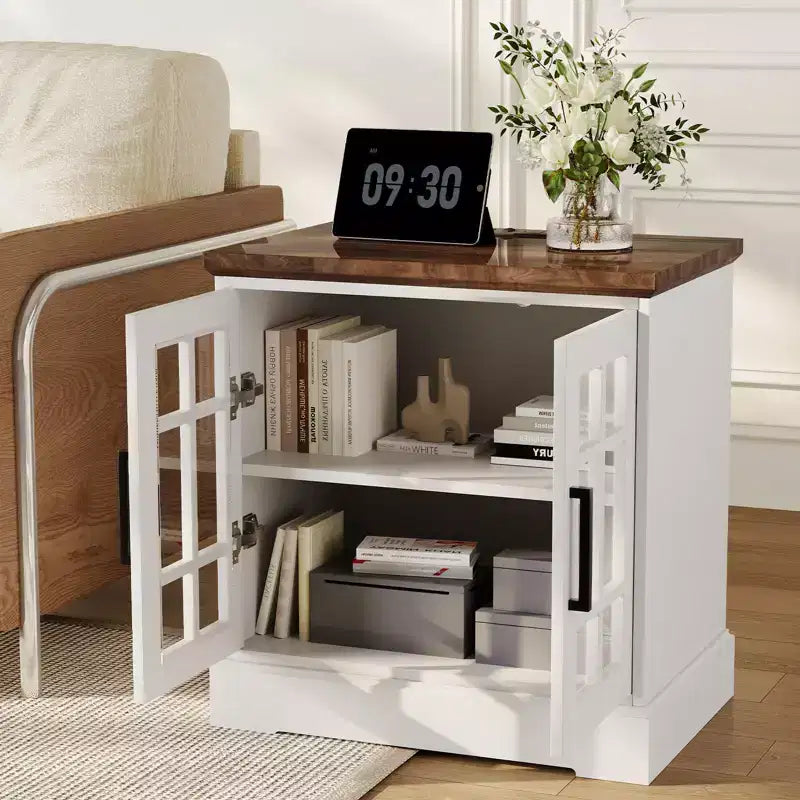 24 Large Farmhouse Nightstand with Charging Station - 2 AC & 2 USB, Living Room End Tables with Storage & Adjustable Shelf, White Side Table