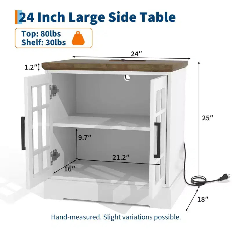 24 Large Farmhouse Nightstand with Charging Station - 2 AC & 2 USB, Living Room End Tables with Storage & Adjustable Shelf, White Side Table