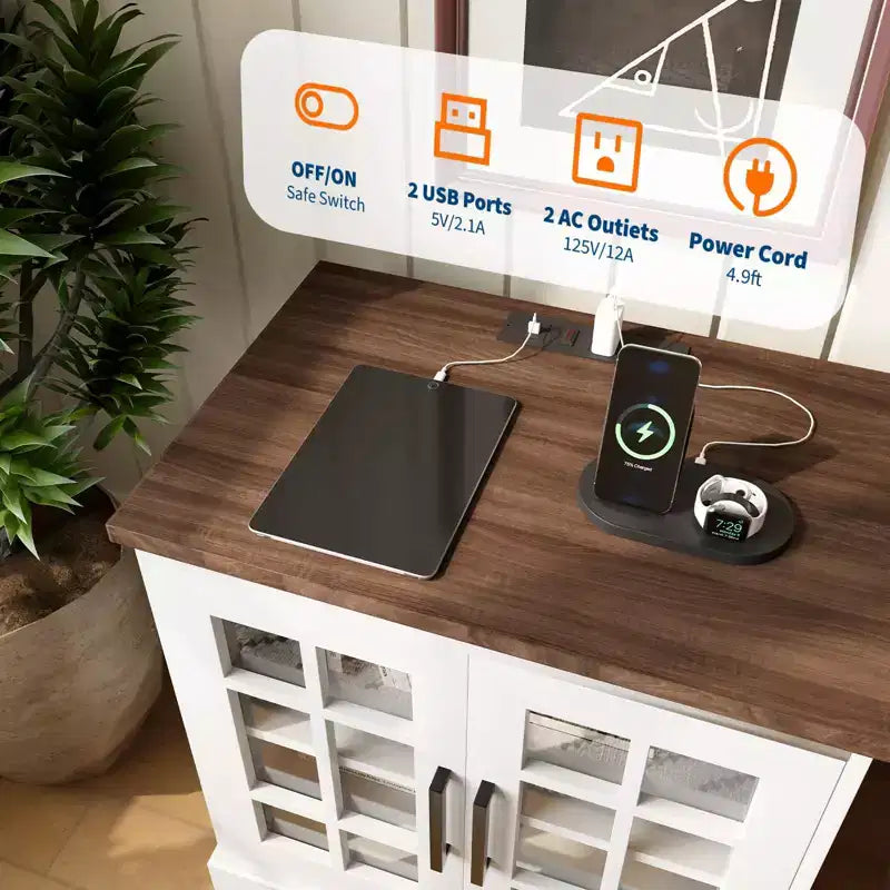24 Large Farmhouse Nightstand with Charging Station - 2 AC & 2 USB, Living Room End Tables with Storage & Adjustable Shelf, White Side Table