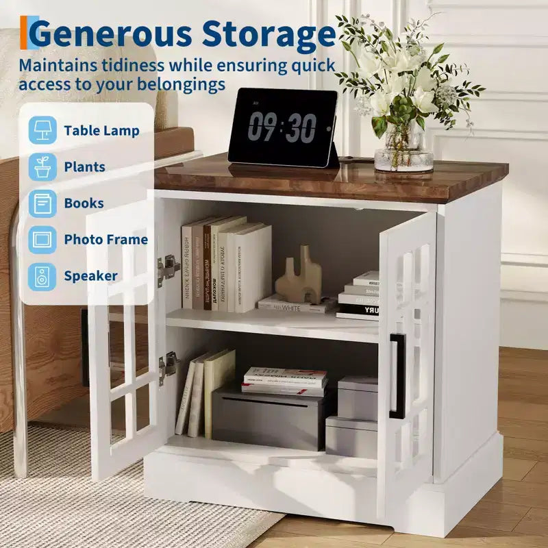24 Large Farmhouse Nightstand with Charging Station - 2 AC & 2 USB, Living Room End Tables with Storage & Adjustable Shelf, White Side Table