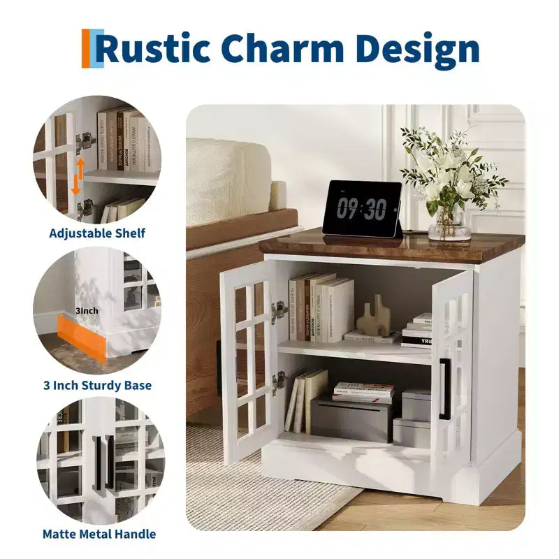 24 Large Farmhouse Nightstand with Charging Station - 2 AC & 2 USB, Living Room End Tables with Storage & Adjustable Shelf, White Side Table