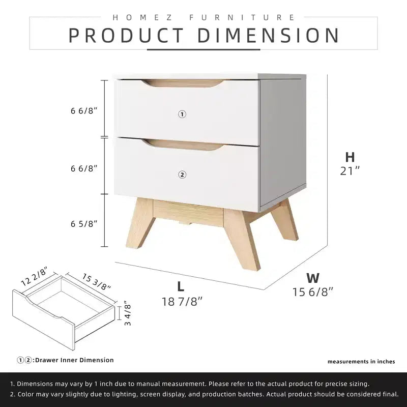 Homez 18.89 in. White and Natural Oak Rectangle Wood End Table with 2 Drawers