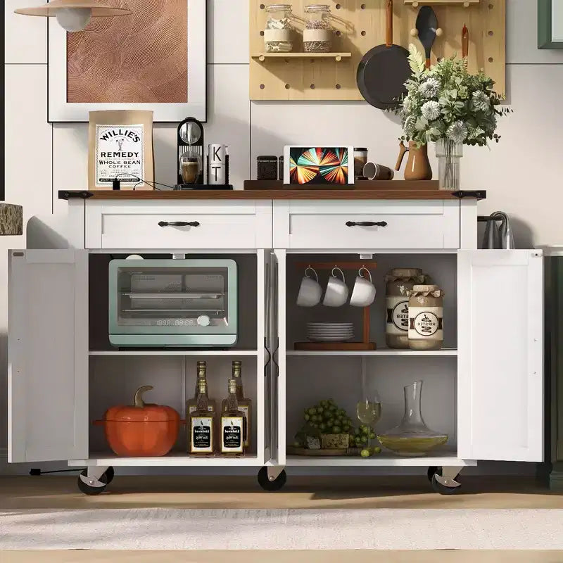 Okak Kitchen Island with Power Outlet and Drop Leaf, Kitchen Island Table with Spice Rack, Doors and Drawers, Rolling Kitchen Island for Home