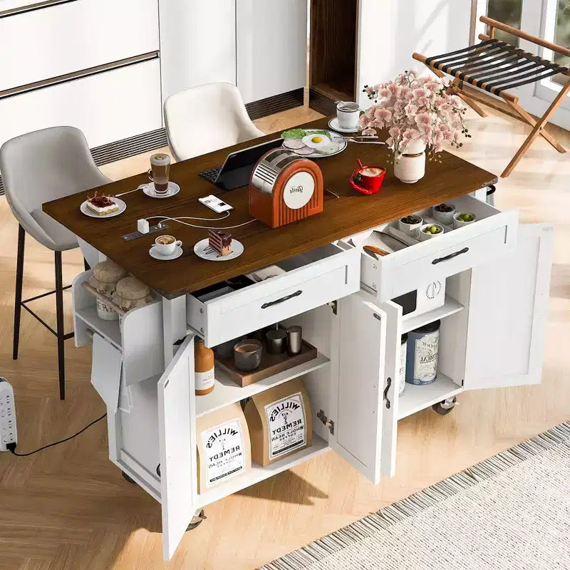 Okak Kitchen Island with Power Outlet and Drop Leaf, Kitchen Island Table with Spice Rack, Doors and Drawers, Rolling Kitchen Island for Home