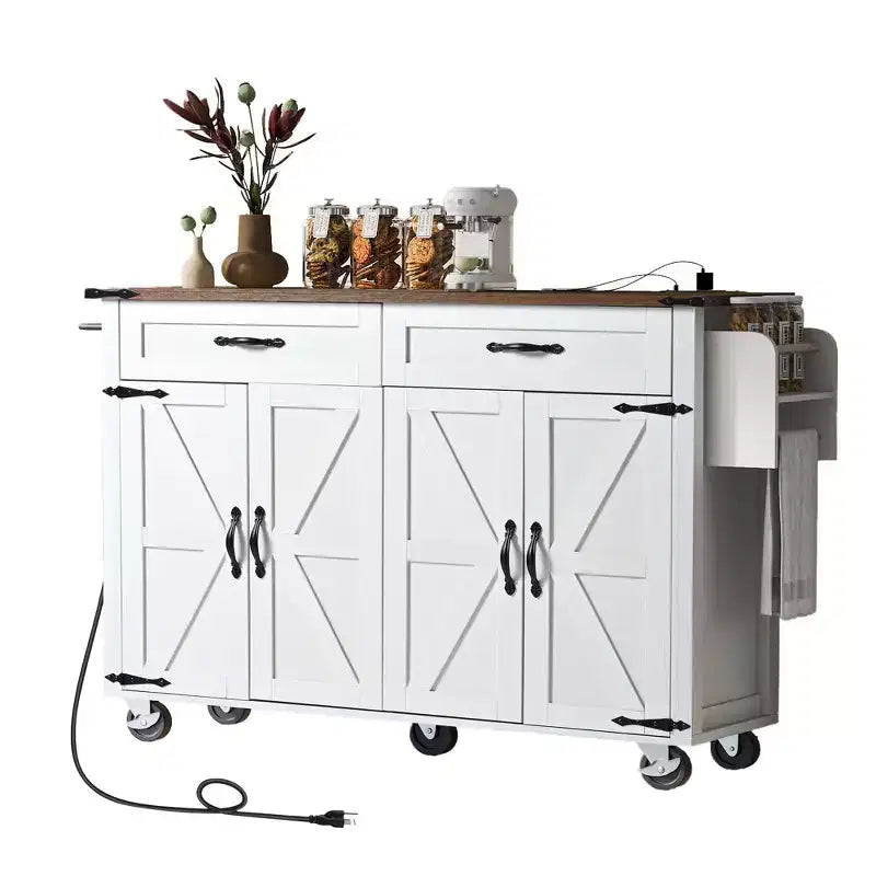 Okak Kitchen Island with Power Outlet and Drop Leaf, Kitchen Island Table with Spice Rack, Doors and Drawers, Rolling Kitchen Island for Home
