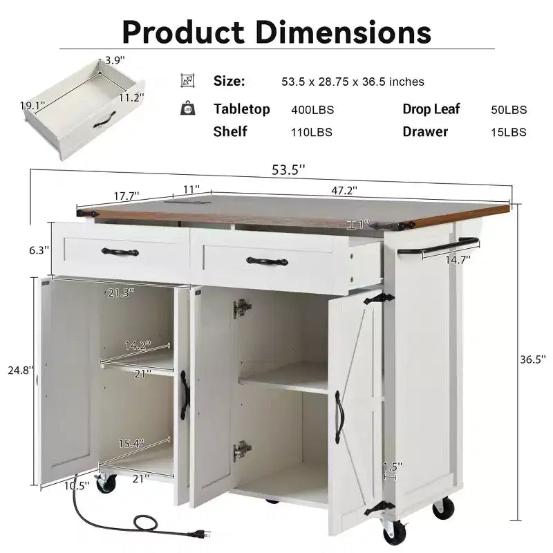Okak Kitchen Island with Power Outlet and Drop Leaf, Kitchen Island Table with Spice Rack, Doors and Drawers, Rolling Kitchen Island for Home