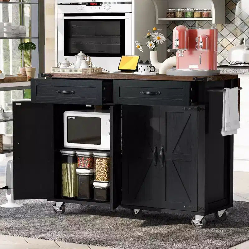 Okak Kitchen Island with Power Outlet and Drop Leaf, Kitchen Island Table with Spice Rack, Doors and Drawers, Rolling Kitchen Island for Home