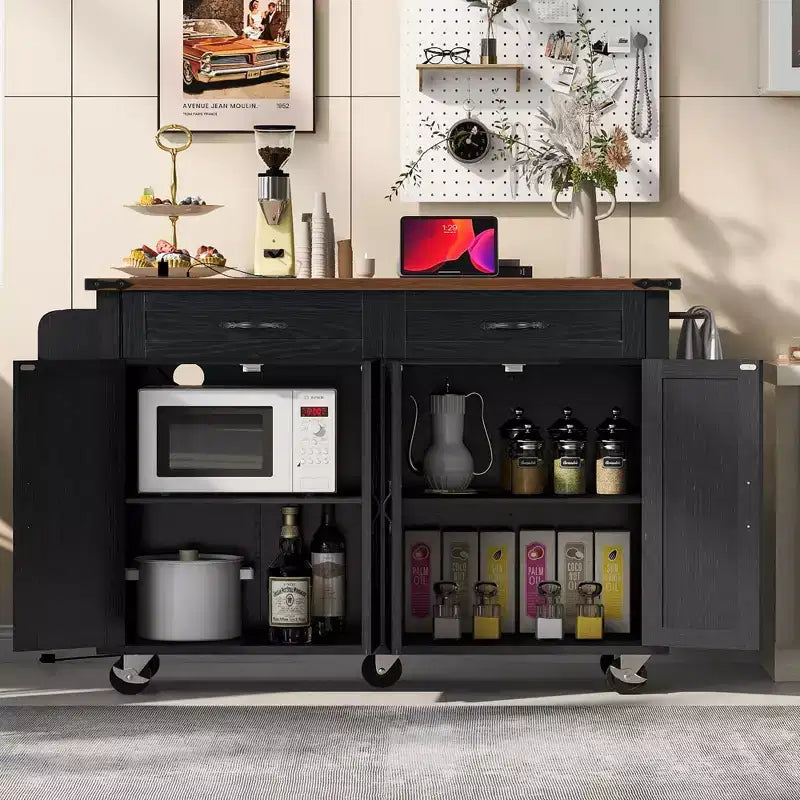 Okak Kitchen Island with Power Outlet and Drop Leaf, Kitchen Island Table with Spice Rack, Doors and Drawers, Rolling Kitchen Island for Home