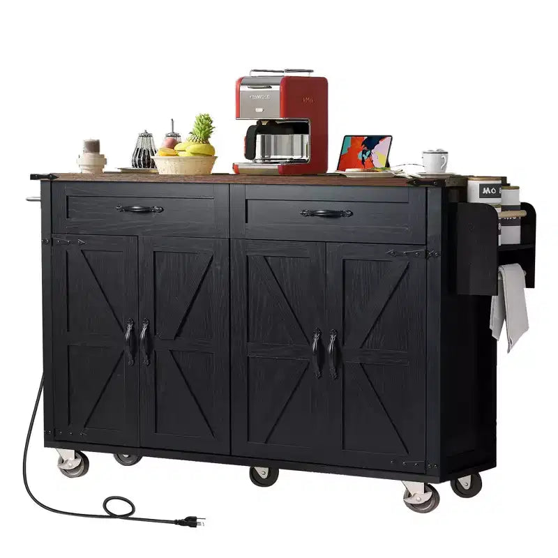 Okak Kitchen Island with Power Outlet and Drop Leaf, Kitchen Island Table with Spice Rack, Doors and Drawers, Rolling Kitchen Island for Home