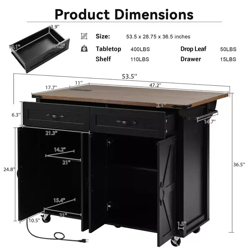 Okak Kitchen Island with Power Outlet and Drop Leaf, Kitchen Island Table with Spice Rack, Doors and Drawers, Rolling Kitchen Island for Home