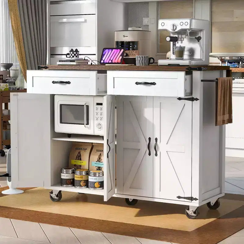Okak Kitchen Island with Power Outlet and Drop Leaf, Kitchen Island Table with Spice Rack, Doors and Drawers, Rolling Kitchen Island for Home