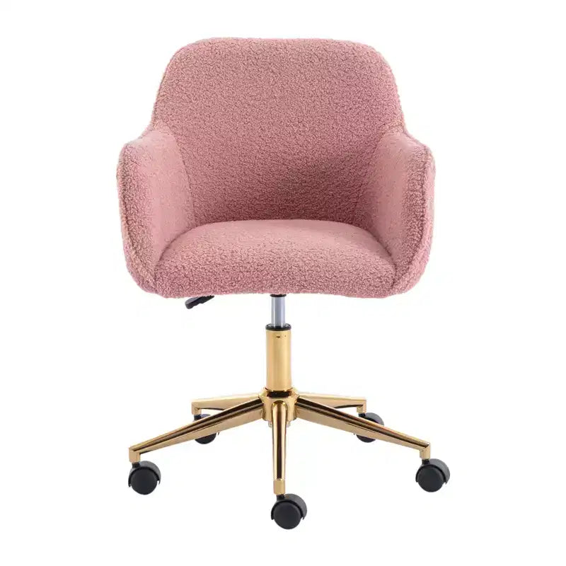 This swivel office chair is height-adjustable, has wheels, gold-plated legs, and a chrome-plated base.