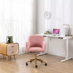 This swivel office chair is height-adjustable, has wheels, gold-plated legs, and a chrome-plated base.
