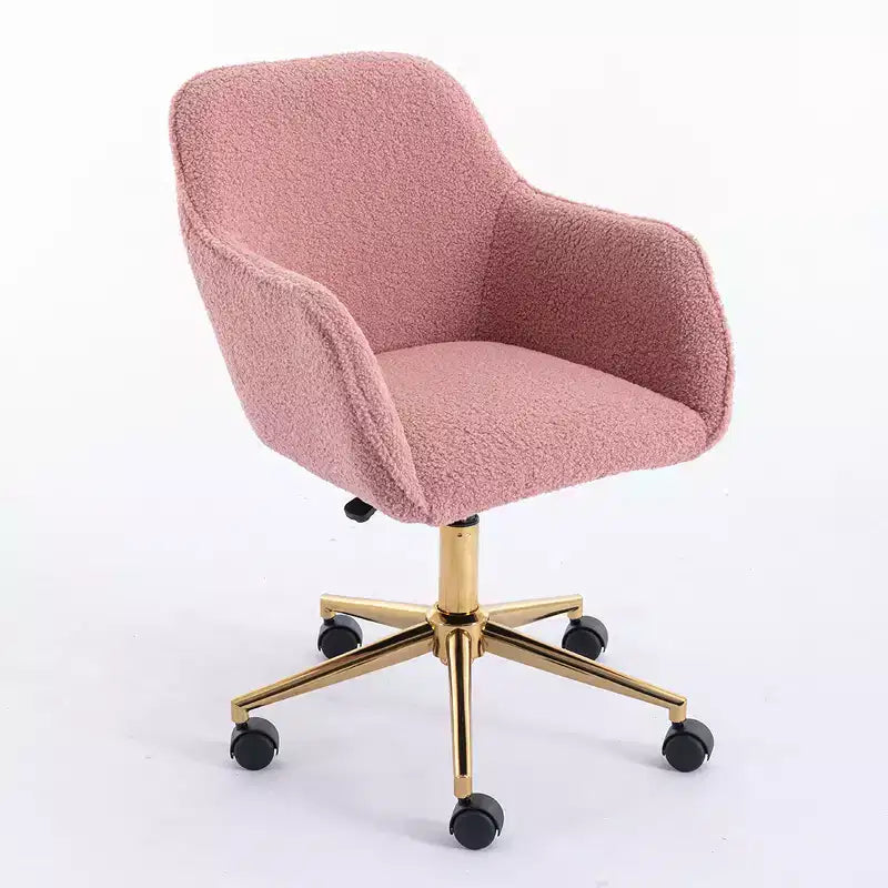 This swivel office chair is height-adjustable, has wheels, gold-plated legs, and a chrome-plated base.