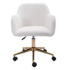 This swivel office chair is height-adjustable, has wheels, gold-plated legs, and a chrome-plated base.
