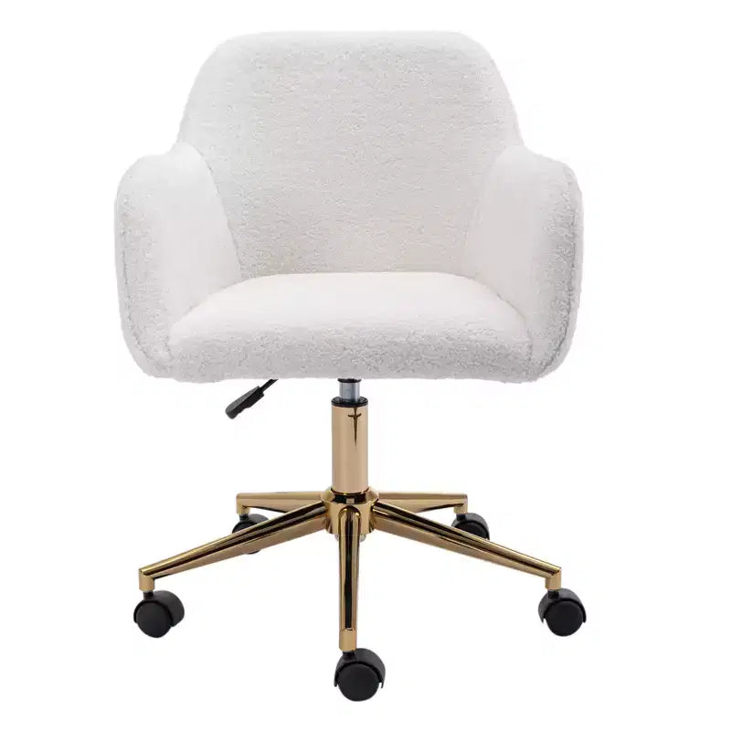 This swivel office chair is height-adjustable, has wheels, gold-plated legs, and a chrome-plated base.