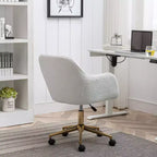 This swivel office chair is height-adjustable, has wheels, gold-plated legs, and a chrome-plated base.