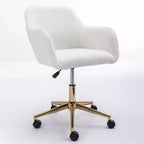 This swivel office chair is height-adjustable, has wheels, gold-plated legs, and a chrome-plated base.