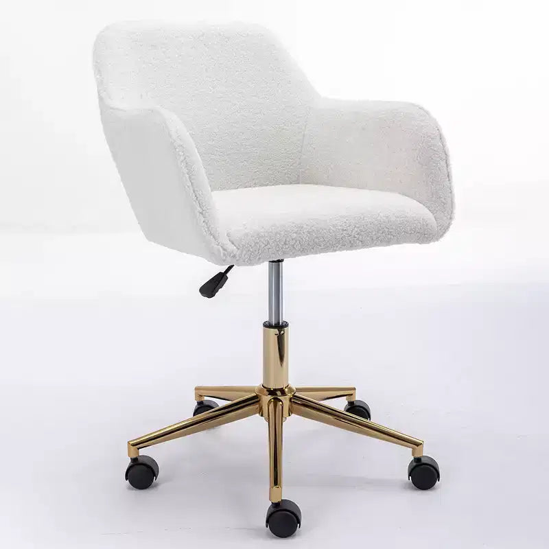 This swivel office chair is height-adjustable, has wheels, gold-plated legs, and a chrome-plated base.