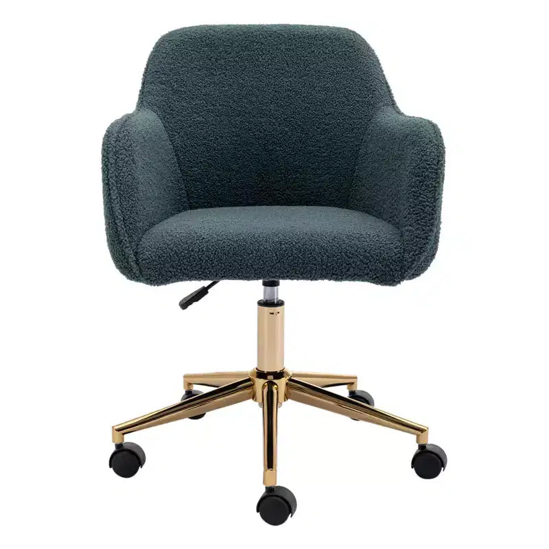 This swivel office chair is height-adjustable, has wheels, gold-plated legs, and a chrome-plated base.
