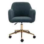This swivel office chair is height-adjustable, has wheels, gold-plated legs, and a chrome-plated base.
