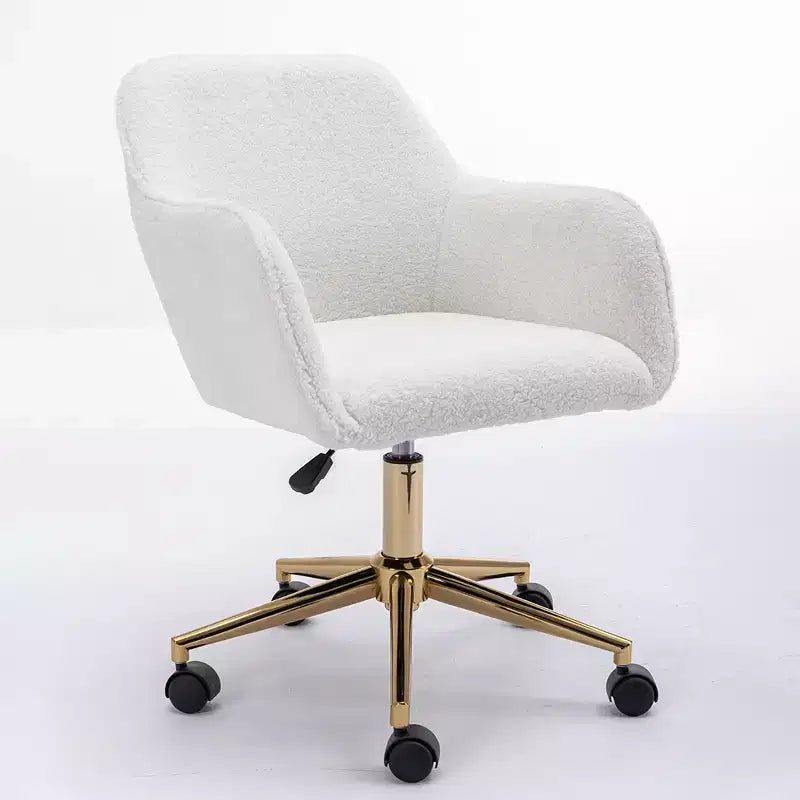 This swivel office chair is height-adjustable, has wheels, gold-plated legs, and a chrome-plated base.