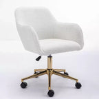 This swivel office chair is height-adjustable, has wheels, gold-plated legs, and a chrome-plated base.