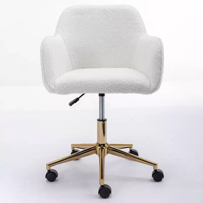 This swivel office chair is height-adjustable, has wheels, gold-plated legs, and a chrome-plated base.