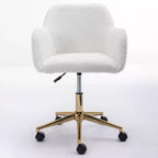 This swivel office chair is height-adjustable, has wheels, gold-plated legs, and a chrome-plated base.