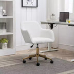 This swivel office chair is height-adjustable, has wheels, gold-plated legs, and a chrome-plated base.