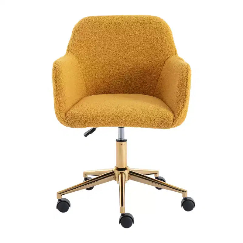 This swivel office chair is height-adjustable, has wheels, gold-plated legs, and a chrome-plated base.